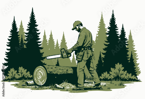 Forestry Worker Using Chainsaw to Cut Log Amidst Dense Evergreen Forest with Towering Fir Trees and Lush Greenery in Natural Woodland Setting