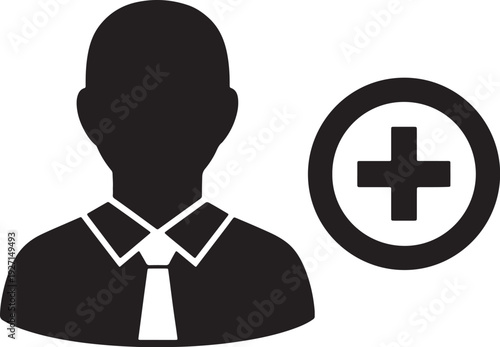 Black silhouette of a person in a suit and tie next to a circular medical cross also transparent background