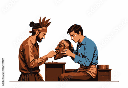 Two artisans passionately engage in traditional mask craftsmanship, meticulously carving details into a wooden mask, embodying cultural heritage and artistic dedication.