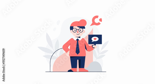 Cartoon man in coral shirt and navy tie holding a sign with a heart speech bubble