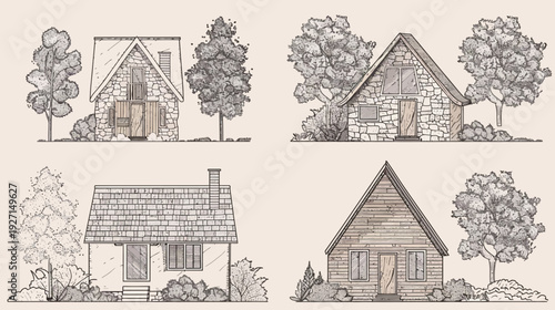 Four grayscale illustrations of quaint houses with trees, shrubs, and architectural details