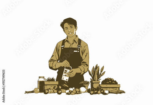 Young Gardener Presenting Fresh Harvested Vegetables and Herbs with Organic Products on Display for Healthy Living and Sustainable Agriculture