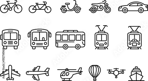Transportation icons set, bicycles, scooters, motorcycles, cars, buses, trams, airplanes, helicopter, drone, ship, hot air balloon illustration