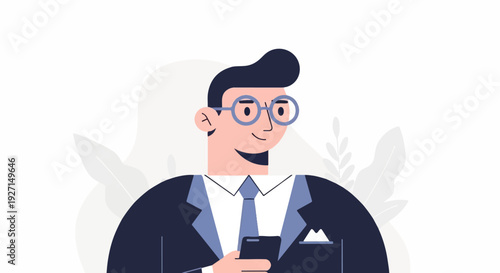 Flat illustration of a smiling man in a suit and glasses, holding a phone