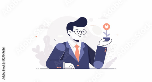 A person in a suit holds a small potted plant with a heart-shaped flower