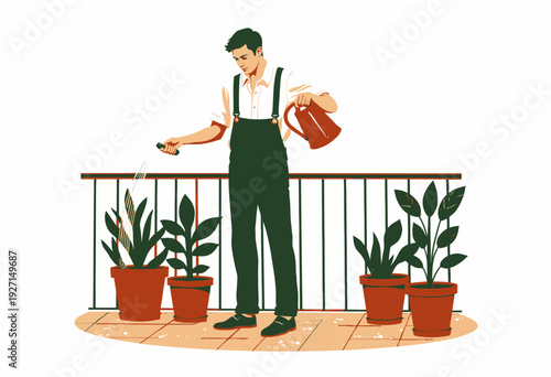 Man wearing overalls watering potted plants on a tiled balcony with a watering can and hose in a serene outdoor garden setting