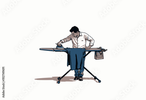 Man Ironing Shirt on Ironing Board Illustrating Household Chore with Focus on Domestic Routine and Everyday Task in Home Setting
