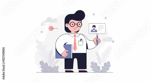 Cheerful man with glasses holds folder and ID card, surrounded by abstract plants and shapes