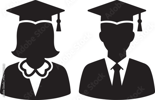 Black silhouette of male and female graduates wearing academic caps and gowns also transparent background