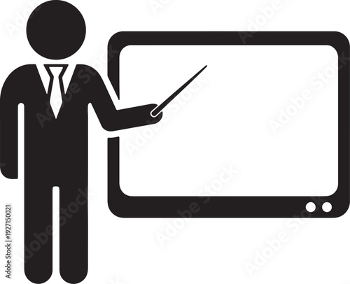 Silhouette of a man in a suit and tie pointing at a blank screen with a pointer stick also transparent background