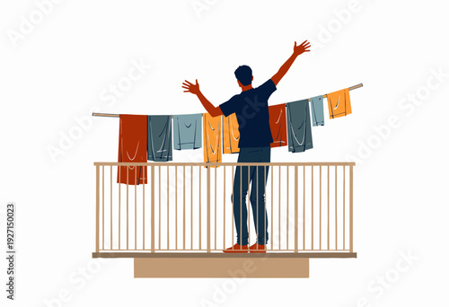 Figure Standing with Outstretched Arms on Balcony Admiring Colorful Garments Drying on a Clothesline
