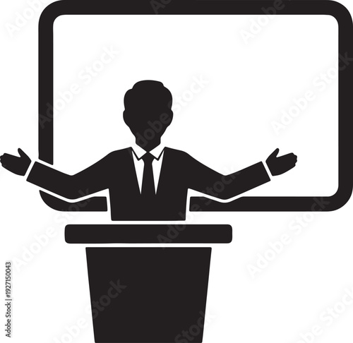 Silhouette of a man in a suit and tie standing at a podium in front of a blank screen also transparent background