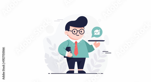 Stylized cartoon man in glasses and tie holds a tray with a growth chart icon