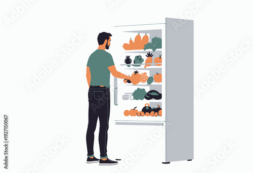 Man Chooses Fresh Produce from Tall Open Refrigerator Filled with Colorful Vegetables and Fruits, Refrigerated Display Shows Healthy Food Choices