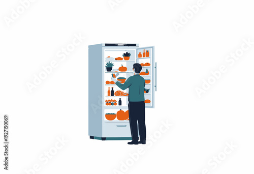 Person Organizing a Fully Stocked Refrigerator Filled with Fresh Vegetables, Fruits, and Other Groceries in a Modern Kitchen Setting