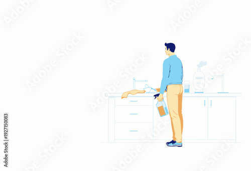 Man Cleaning a Modern Kitchen Counter with Spray Bottle and Cloth, Ensuring a Hygienic and Tidy Environment in a Light, Spacious Home Interior Setting