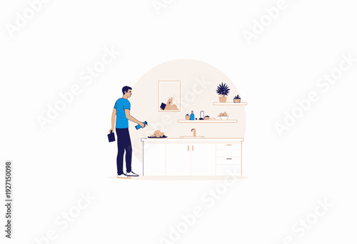 Illustration of a Man Cooking in a Modern Kitchen with Minimalistic Decor and Fresh Ingredients