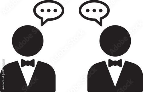 Two black figures in suits with bow ties communicating through speech bubbles with dots also transparent background