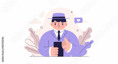 Cheerful businessman in a stylish suit and hat, holding a phone, gives a thumbs up with a heart icon