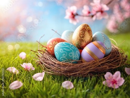 Beautiful colorful Easter eggs on green grass, AI generated image