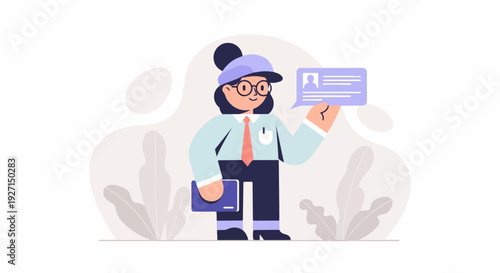 A stylized person in a cap and glasses holds a tablet and a speech bubble with a profile icon