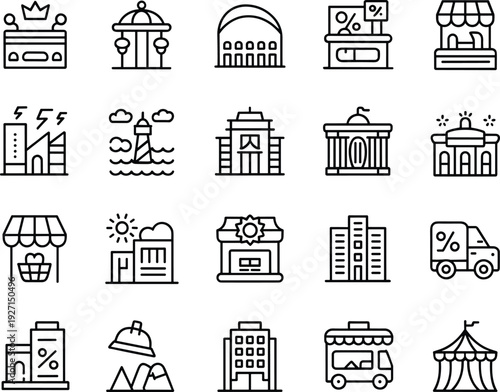 Urban architecture and establishment icons set, shops, schools, houses, government, lighthouse, theater, factories, hotels, lifestyle illustration