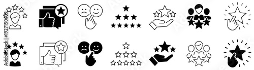 Review icon set. Customer review illustration. Review and Feedback. Rating. Satisfaction. Like. Editable stroke. Vector illustration