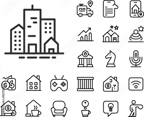 Urban infrastructure and lifestyle icons set, real estate, finance, housing, technology, logistics, communication, modern living, cityscape illustration