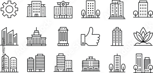 Urban architecture and infrastructure icons set, office buildings, skyscrapers, hospitals, government, landmarks, lifestyle, city planning illustration