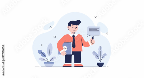 A smiling male figure in a suit holds a tablet and a speech bubble