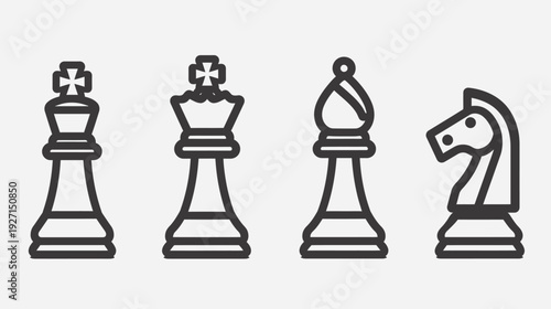 A minimalist illustration of chess pieces, including King, Queen, Bishop, and Knight, against a white background