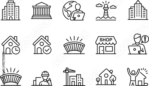 Urban lifestyle and professional icons set, buildings, construction, stadiums, shops, remote work, logistics, navigation, celebration, productivity illustration