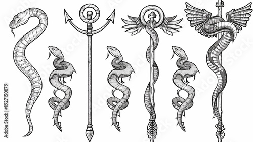 Stylized grayscale illustration of snakes and staffs with various embellishments and symbols