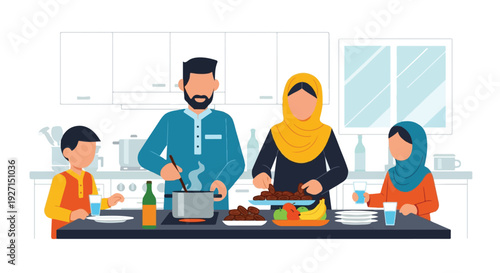 Joyful Muslim Family Preparing and Cooking Homemade Traditional Food Together in a Modern Kitchen, Celebrating Cultural Culinary Traditions and Togetherness