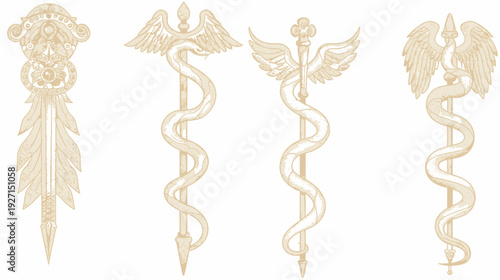 Beige illustrations of medical symbols, a spear, and three caduceus variations