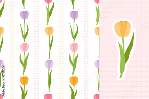 Set of spring seamless patterns with tulip flowers and delicate lattice. Spring time blooming plant print. Soft pastel coloured vector backgrounds for fabric, wrapping paper and home textile.