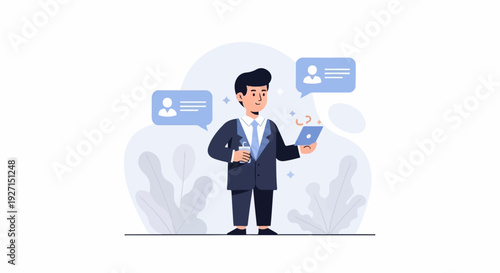 A man in a suit holds a cup and a tablet, with chat bubbles above his head