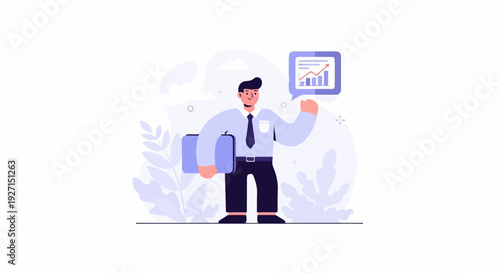 Businessman holding briefcase, fist raised, chart showing growth in speech bubble