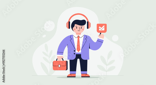 A cheerful person in a suit, wearing headphones and holding a briefcase and a checkmark sign