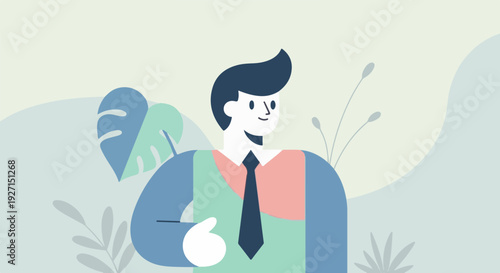 Stylized businessman with plants and abstract background