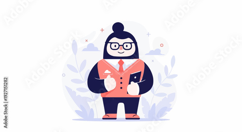 A pixelated cartoon character wearing glasses and a suit, holding a phone, with abstract shapes and plants