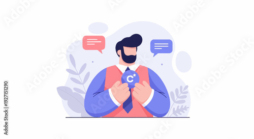 Bearded man in suit holding a circular emblem with a star and crescent