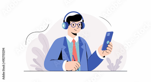 Man in suit with headphones and glasses holds phone and pen, focused