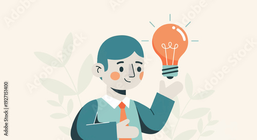 A man with blue hair and a tie holds a glowing light bulb, symbolizing an idea