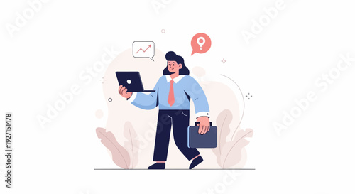 Business person with laptop and briefcase, contemplating with thought bubble icon