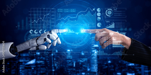 Fotografie This image captures the intriguing interaction between a robot and a human hand, symbolizing the fusion of technology and human collaboration