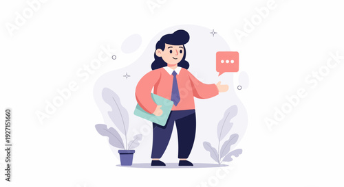 A smiling figure with dark hair, wearing a coral shirt and blue tie, holds a light blue folder and gestures