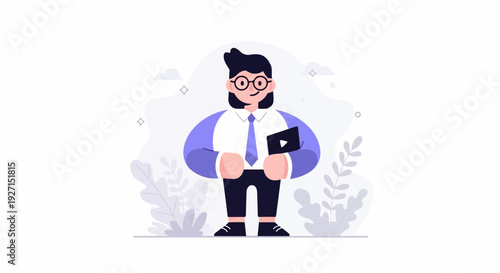 Confident character with glasses, tie, holding a tablet, surrounded by minimalist foliage and soft clouds