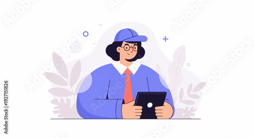 A stylized character in a blue jacket, cap, and red tie holds a tablet, surrounded by abstract shapes and leaves