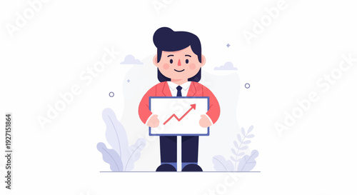 A person in a suit holds a board showing an upward trending graph, indicating growth